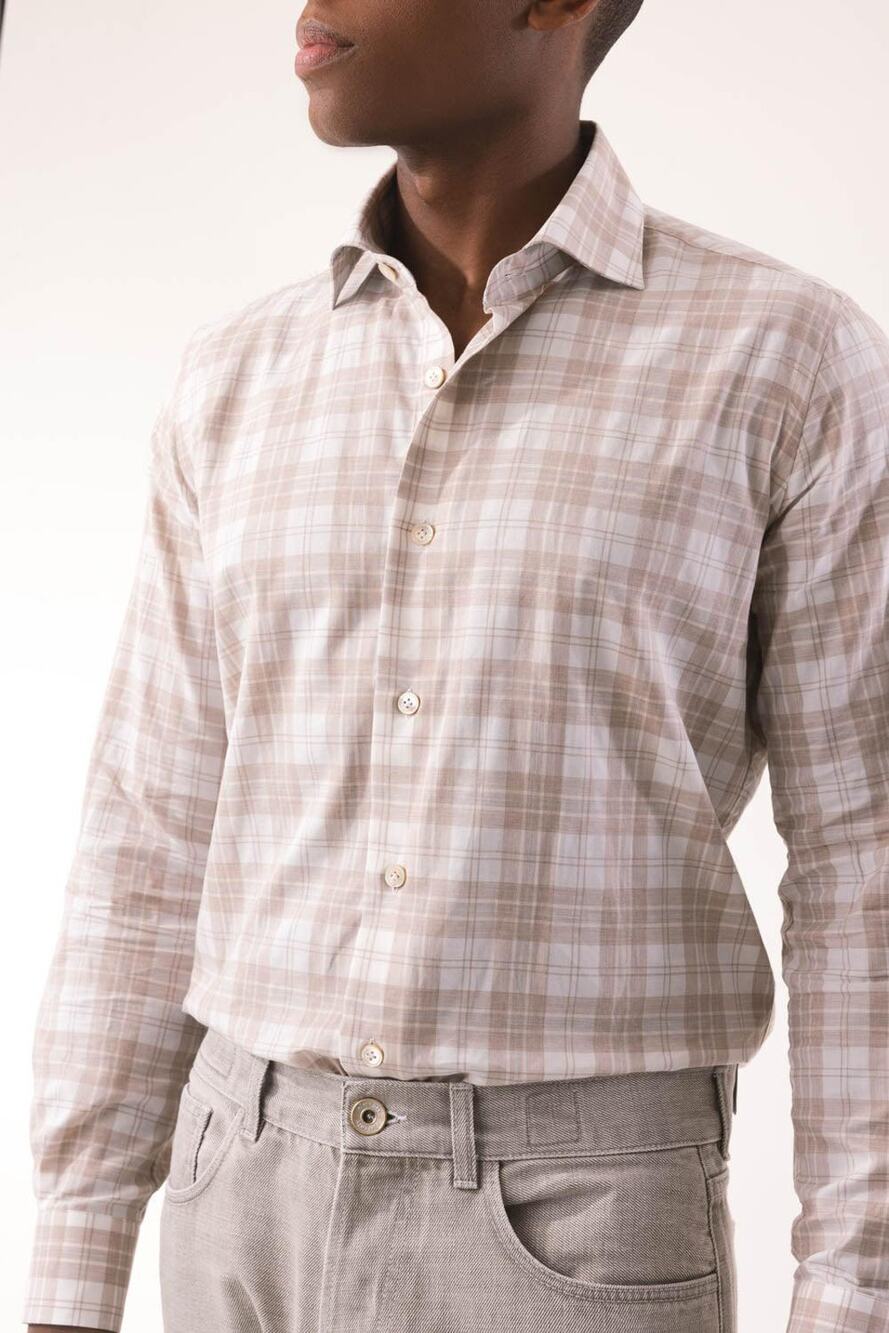 Eleventy Mens LS Albini Sports Shirt in Beige Light Gray S